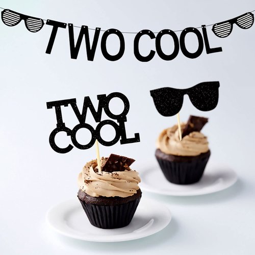 Set of 25 LaVenty Two Cool Banner Black Glittery Two Cool Cupcake Topper Sunglasses Party Supplies Decoration