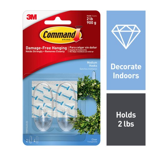 Command Medium Wall Hooks, Damage Free Hanging with Adhesive Strips, No Tools Wall Hooks for Hanging Decorations in Living Spaces, 12 Clear Wall Hooks and 24 Command Strips