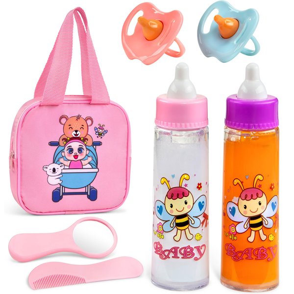 Baby Doll Set – 7 Piece Adorable Baby Doll Accessories with 2 Baby Doll Bottles, 2 Doll Pacifiers, Comb and Mirror – Baby Doll Toys for Kids in a Cute Bag with Handle – Disappearing Baby Doll Bottle