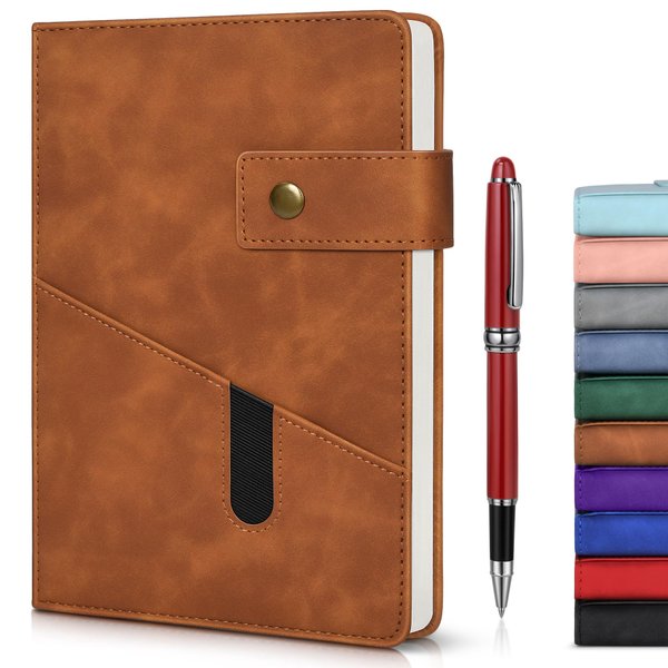 Brown A5 Lined Leather Journal Notebook for Men Women,5.9 X 8.4" Personalized Hardcover Journal with Pen,200 Pages 100 Gsm Thick Ruled Paper Daily Diary for School,Travel,Business,Work,Home Writing
