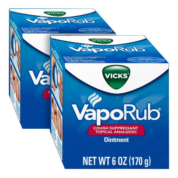 Vicks VapoRub, Original, Cough Suppressant, Topical Chest Rub & Analgesic Ointment, Medicated Vicks Vapors, Relief from Cough Due to Cold, Aches & Pains, 6 Oz (Pack of 2)