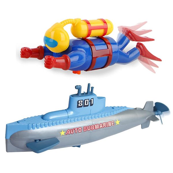 Miracland Wind-up Diver Submarine Bath Toy, Funny Swimming Frogman Pigboat Scuba Diver SUB Bathtub Toy Clockwork Submarine Tub Toy Diver Water Toy for Kids (Diver+Blue-Grey Submarine)