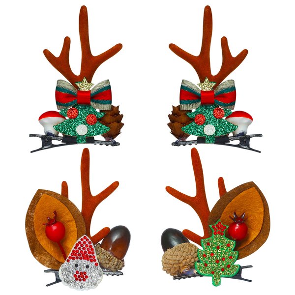 TailaiMei Reindeer Hair Clips, 2 Pairs Christmas Antlers Ears Hair Pins with Glitter Christmas tree and Santa, Cute Christmas Hair Accessory for Party Favors