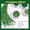 Allstarry Nail Glitter 4 Colors Shamrock Green Holographic Glitter Iridescent Chunky Nail Flakes Hexagon Face Sequins Sparkly Fine Powder for Spring St. Patrick's Day Manicure DIY Gel Polish Crafts