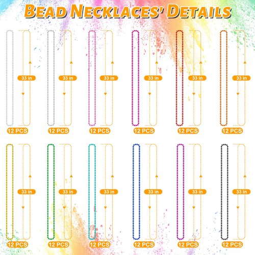 EOBOH 144PCS Mardi Gras Beads, Metallic 12 Kinds Bead Necklace Party Supplies, 33" Mardi Gras Necklace Costume Stuff, Festival Parade Throw Accessories for Wedding Birthday Celebrations Decorations