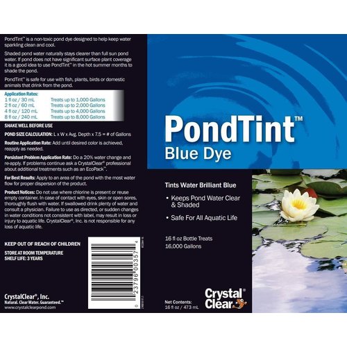 CrystalClear PondTint Blue Pond Dye, for Water Gardens & Koi Fish Ponds, Ecofriendly, Clean & Clear Water, No Mixing & Easy to Use, Enhances Natural Color, Treats up 16,000 Gallons, 16 oz