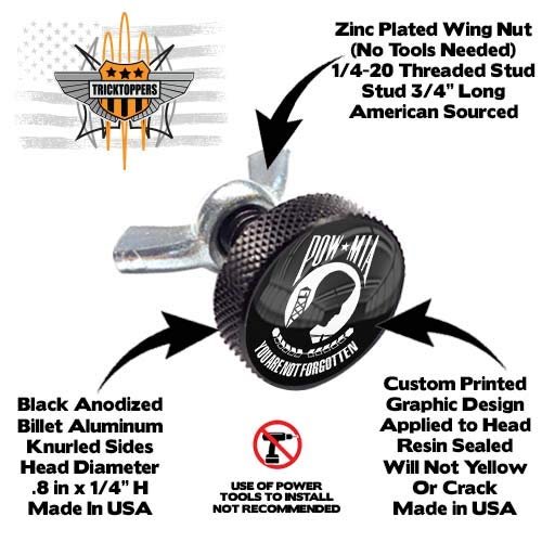 Tricktoppers 4 Black Anodized Knurled Billet Aluminum Motorcycle License Plate Frame Fastener Tag Bolts - Pow Mia Military Veteran White On Black