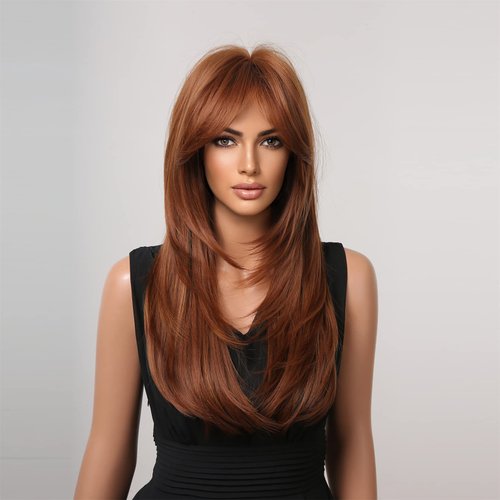 WTHCOS Long Layered Auburn Wigs for Women Long Wavy Orange Brown Wig with Bangs Highlight Synthetic Wigs with Wig Cap