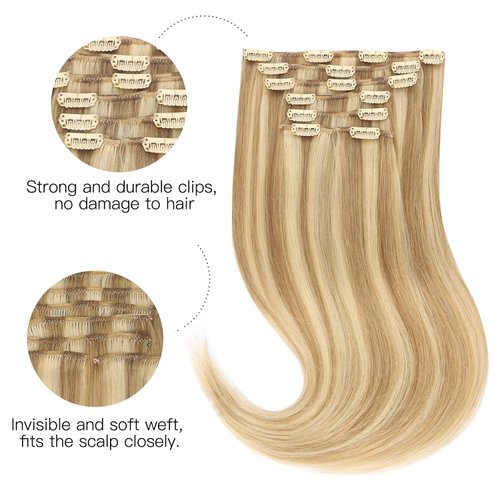 HOTBANANA Human Hair Clip in Hair Extensions, Balayage Light Blonde Highlighted Golden Blonde (Ash Tone) 120g Clip in Hair Extensions Real Human Hair Straight Remy Hair Extensions 20 Inch 7pcs