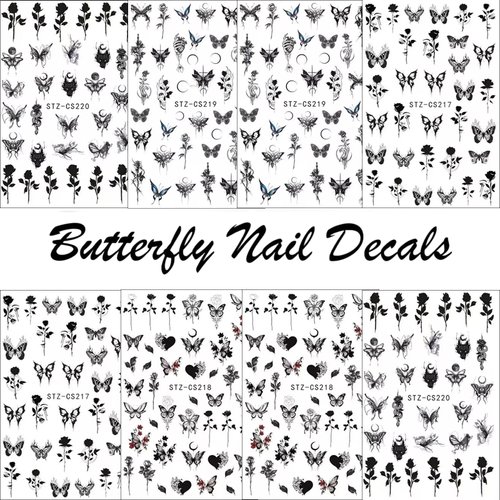 8 Sheets White Black Butterfly Nail Stickers Rose Flower Mix Pattern 3D Self-Adhesive Nail Decals Black Flower Design Summer Nails Art Supplies for Women DIY Nails Accessories Manicure Decorations