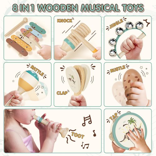 Baby Musical Instruments for Toddlers, Montessori Wooden Toys for 2 Year Old, 18 Months Xylophone Maracas Percussion Toy Set with Storage Bag, Christmas Birthday Gifts for Boys Girls Age 2-4