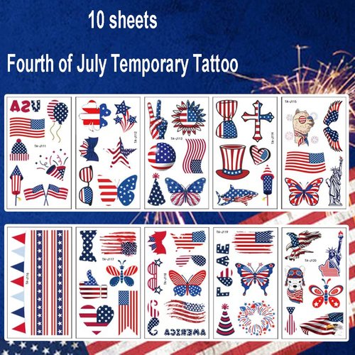 Fourth of July Temporary Tattoo,10 Sheet Independence Day Waterproof Tattoos Stickers American Flag Eagles Hat Balloons Design USA Stickers for Labor Day Memorial Day Decoration Party Supplies