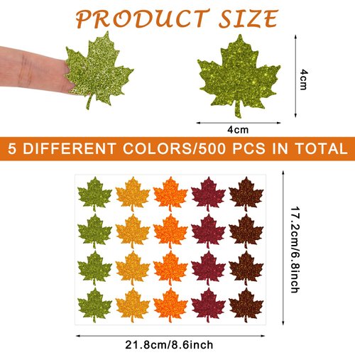Whaline 500 Pcs Fall Maple Leaf Stickers 5 Colors Glitter Stickers Autumn Leaves Shape Decals Cute Self Adhesive Decals Shinny Label Tag for Holiday Thanksgiving Party Window Door Home Decor