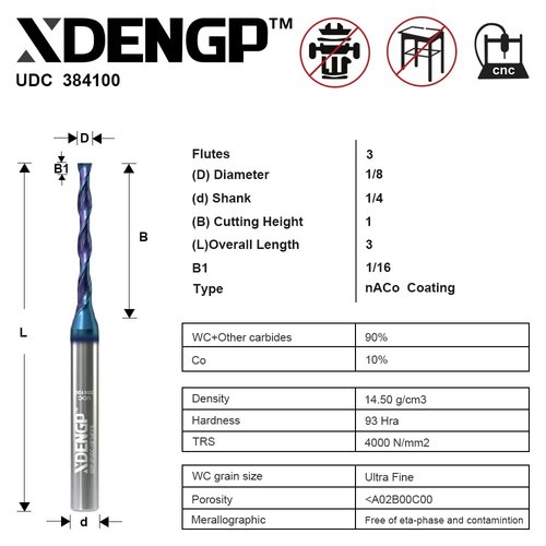 XDENGP 3 Flute Up&Down Cut Compression Spiral Router Bit for CNC, 1/8" Cutting Diameter, 1" Cutting Length 1/4" Shank with NACO Coated Carbide End Mill for Wood Carving Engraving Grinding Grooving