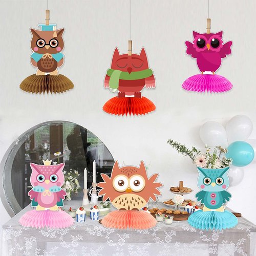 Chilfamy 6 Pieces Owl Decorations, Owl Birthday Party Favors Kit, 3D Owl Honeycomb Table Centerpieces for Baby Shower, Woodland Animals Theme Party Supplies