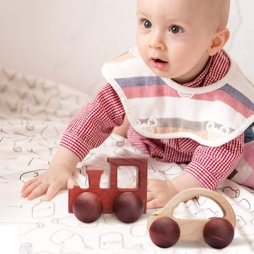 Promise Babe 2pc Wooden Rattle Organic Wooden Cars Push Car Toys Montessori Educational Natural Wood Toys Inspired Baby Newborn Perfect Shower Gift