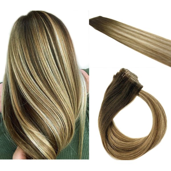 20 Pcs X 18" inches Invisible PU Tape In Seamless Hand Tied Remy Human Hair Extensions (Balayage Ash Blonde Mix)