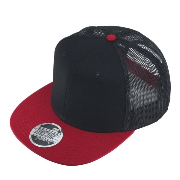 The Vintage Year Plain Cotton Twill Flat Brim Mesh Adjustable Snapback Trucker Baseball Cap (Red/Black/Black)