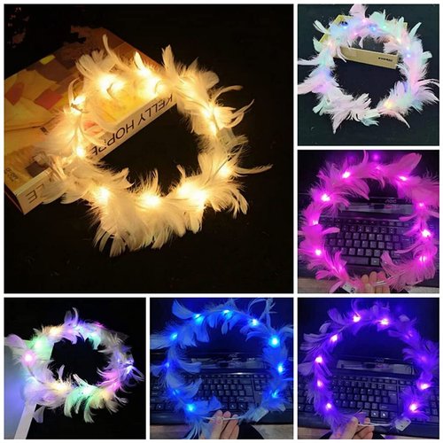 6 Pack Flower Crown, Feather Crown Headband Luminous with 10 LED Lights, Light Up Headdress with Color Changing LED Lights, Cute Flashing Decor Hair ​Accessories for Girl Women Wedding Festival Party