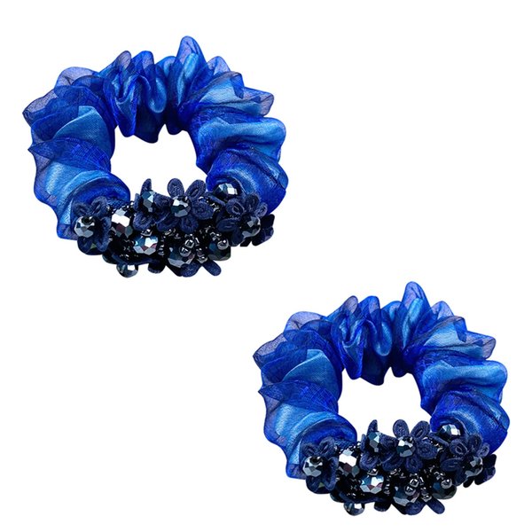 2 Pack Sparkly Boho Organza Crystal Beads Hair Ties Hair Ropes Hair Scrunchies Elastics Ponytail Holders Hair Jewelry Hair Wrist Ties Bands Scrunchies Hair Accessory for Show Gym Dance Party for Girl Women (Blue)