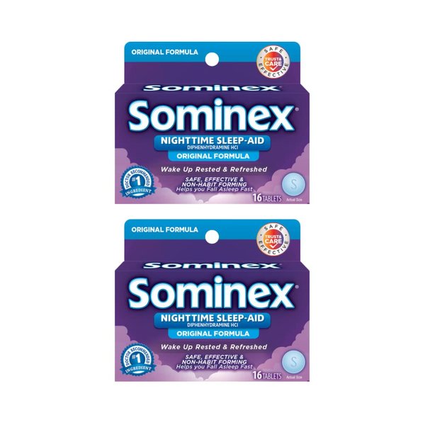 Sominex Maximum Strength Night Time Sleep-Aid, Diphenhydramine HCI, Original Formula, Safe, Effective and Non-Habit Forming, 16 Caplets in Each Box (Pack of 2)