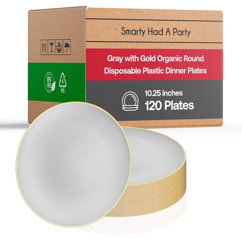 Disposable Plastic Plates with Rim Design, Organic Round Dinnerware Bulk Order for Wedding, Birthday & All Occasions (Gray with Gold, 10.25" Dinner Plates (120 Plates))