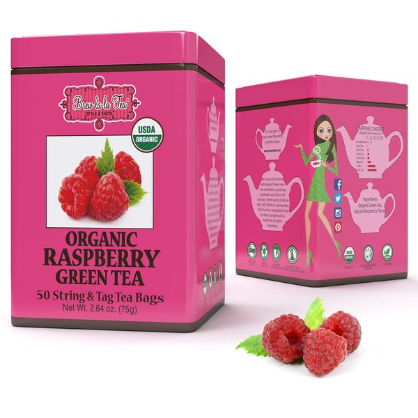 Brew La La Organic Green Tea - Natural Raspberry Flavor - 50 Double Chambered Bags - Low Caffeine Gourmet Tea - Certified Organic - Gluten Free