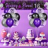 Purple 16th Birthday Decorations for Girls Black Purple Silver Happy Sweet 16 Birthday Yard Banner and 24pcs 70th Birthday Balloons for 16th Birthday Anniversary Party Supplies Indoor Outdoor Decor