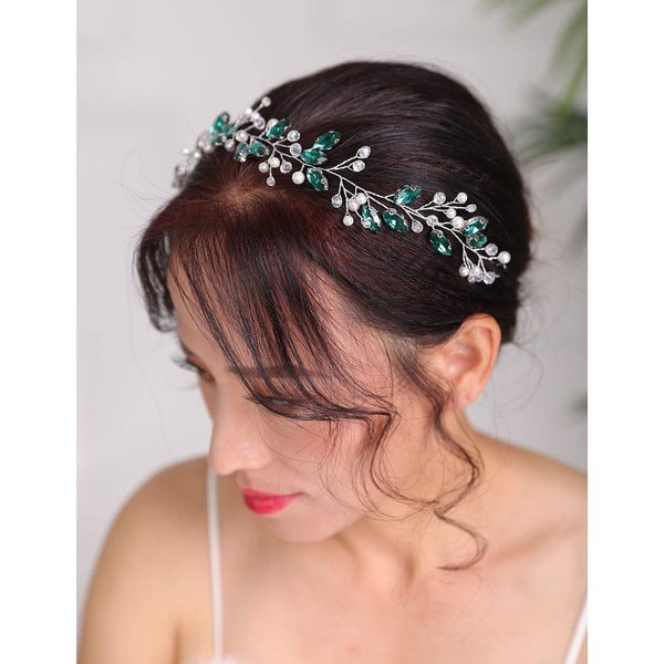 Denifery Silver Wedding Headband Green Crystal Hair Vine Rhinestone Headpieces Crystals Pearls Bride Headband Bridal Hair Accessories for Women and Girls