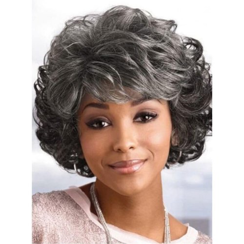 Siudus Grey Short Curly Wigs for Women with Bangs Gray Fluffy Synthetic Hair Wigs Old Lady Natural Looking Cosplay Daily Wig(Black Grey)