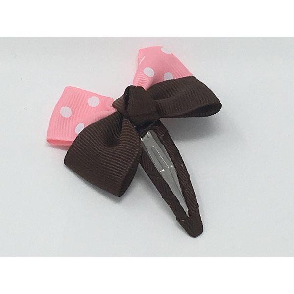 Snap Clip, Hair Bow, Pink and Brown Hair Bow, Polka Dot Hair Bow