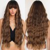 XIXIBI 30 Inch Long Wigs with Bangs Ombre Brown Wigs for Women Brown Mixed Blonde Highlight Wig Synthetic Curly Wavy Heat Resistant Wigs for Daily Party Use