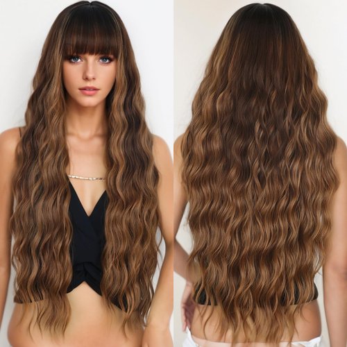 XIXIBI 30 Inch Long Wigs with Bangs Ombre Brown Wigs for Women Brown Mixed Blonde Highlight Wig Synthetic Curly Wavy Heat Resistant Wigs for Daily Party Use