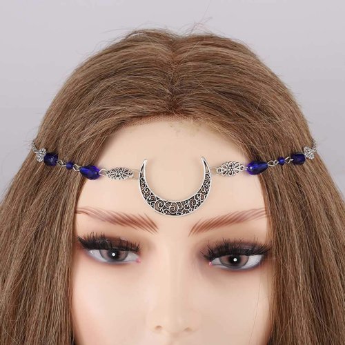 Aularso Vintage Head Chain Silver Forehead Chain Crescent Moon Hair Chain Crystal Headpieces Jewelry Prom Fashion Headbands Halloween Hair Accessories for Women and Girls (Blue)