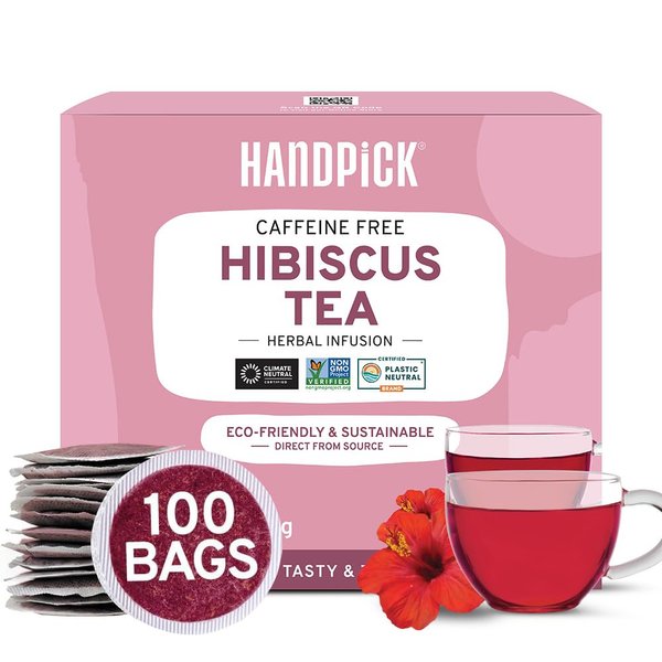 HANDPICK, Hibiscus Tea Bags (100 Tea Bags) Caffeine-Free, Made with Real - Hibiscus Flowers | Naturally Contains Antioxidants & can support Overall Health | Floral Herbal Tea Bags