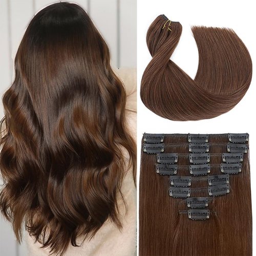 Straight Human Hair Clip In Hair Extensions 8pcs Double Weft Handmade Straight Soft Hair 100% Remy Virgin Human Hair Extensions Real Hair Clip In Hair Extensions Real Human Hair Medium Brown 14inch