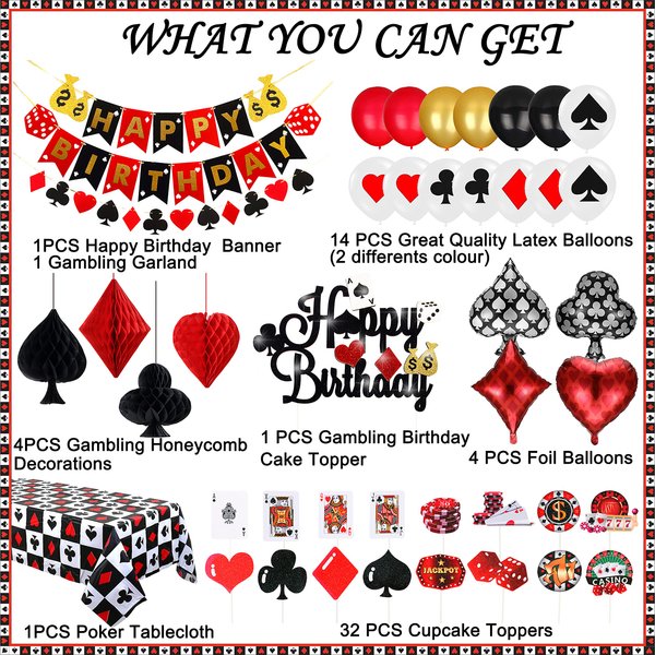 58pcs Casino Poker Party Decorations,Poker Theme Birthday Banner Garland, Foil Balloons, Honeycomb Pom Poms,Cake Cupcake Topper and Tablecloth for Las Vegas Night Casino Birthday Supplies