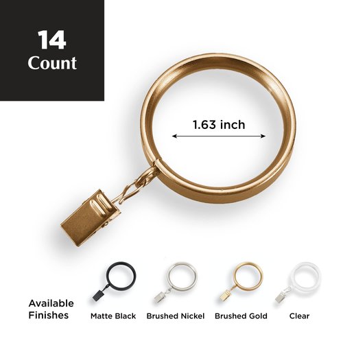 MODE Premium Collection Flat Steel Curtain Clip Rings, Set of 14 Curtain Rings with Clips, Rings with Clips for Curtains, Fits MODE Premium and Acrylic Curtain Rods, 1 5/8”, Warm Gold