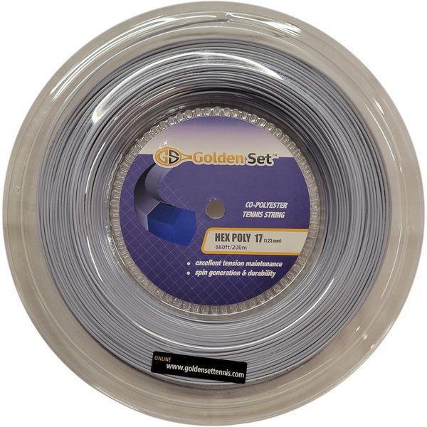 Golden Set Hex Poly 17g (1.23mm), Reel (660ft/200m), Polyester Tennis String (Silver)
