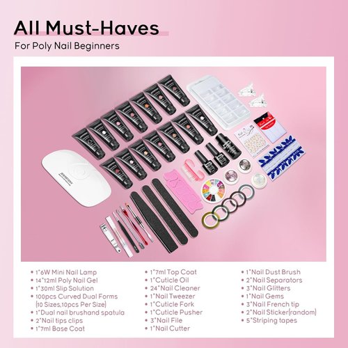 JEWHITENY Poly Extension Gel Nail Kit 14 PCS Poly Gel With Mini Nail Lamp Poly Nail Gel Kit with Slip Solution Basic Poly Gel Nail Art Tools Nail Art Design Beginner Kit