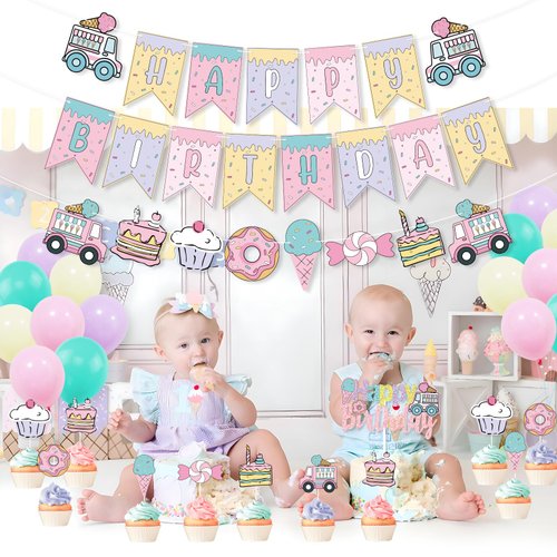 Comic Sweet Ice Cream Donut Birthday Party Decor, Cartoon 2D Comic HAPPY BIRTHDAY Party Banner Cake Toppers Balloons for Kids Awesome Ice Cream Theme Birthday Party Girls Candy Birthday Party Supplies