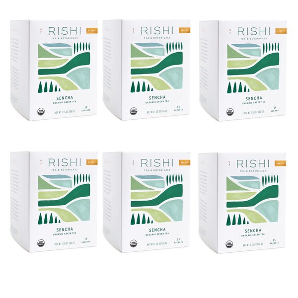 Rishi Tea Sencha Green Tea | USDA Organic Direct Trade Sachet Tea Bags, Certified Kosher Caffeinated Japanese Green Tea | 15 Count (Pack of 6)