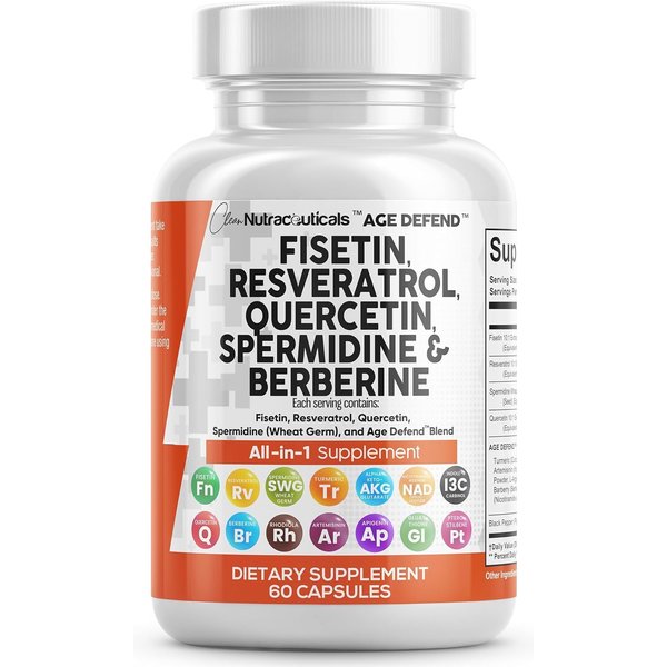 Clean Nutraceuticals Fisetin Quercetin Resveratrol with Spermidine Wheat Germ Extract - Health Supplement for Adults Longevity with Berberine, Collagen, Rhodiola, Apigenin