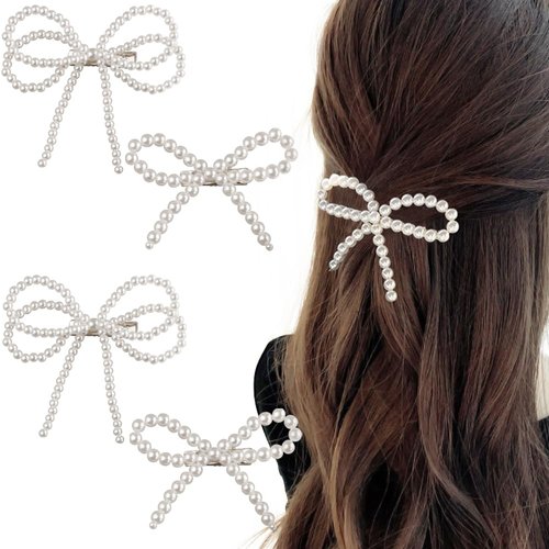 4Pcs Pearl Bow Hair Clip,Vintage Pearl Hair Clips for Women,Duckbill Hair Clips Pearl Bobby Pins Decorative Hair Clip Pearl Hair Accessories,Non-Slip Hairpin Pearl Barrette Hair Accessories for Women