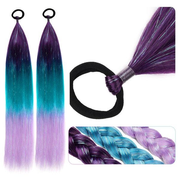 Kids Ponytail Extension With Hair Tie, Dark Purple Teal Light Purple Ponytail Extension, Crazy Hair Day, Colored Hair Extensions for Kids, Festival Hair, Rave Hair, Ombre Ponytail 2 Packs 25 inch