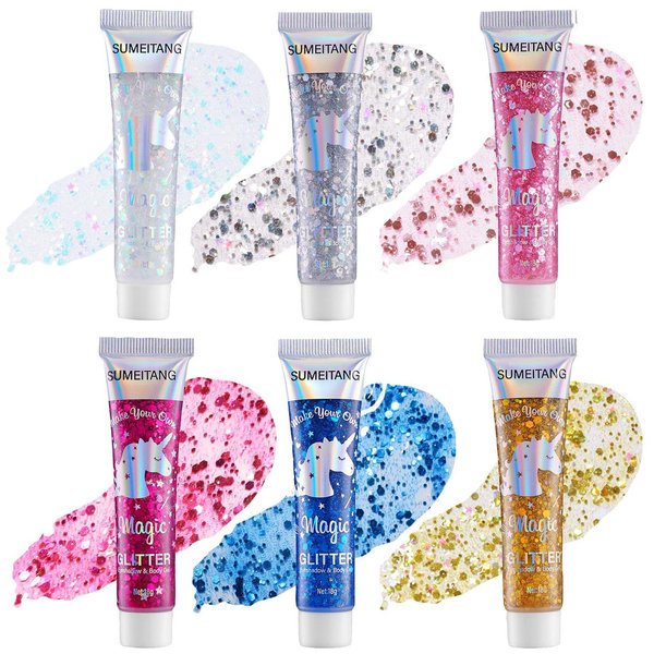 SUMEITANG 6Colors Face Body Glitter Gel，Mermaid Holographic Sequins Chunky Glitter Paint for Party Singer Concerts Music Festival Rave Accessories for Girls Women Face Body Hair Sparkling Makeup