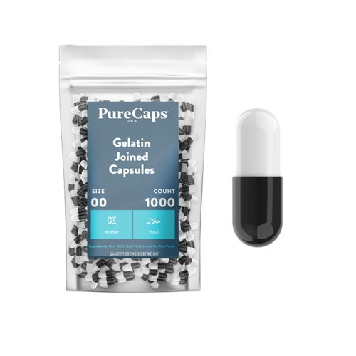 PureCaps USA - Empty Gelatin Capsules Size 00| 1,000 Joined Pills| Black/White| Non-GMO Certified | SLS, Gluten, Preservative Free