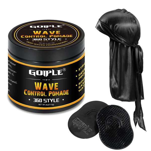 Natural Wave Pomade for Men Strong Hold, Easy Wash (Wave Pomade, 2 Wave Brushes, Silky Durag) Promotes Moisture, Control & Shine