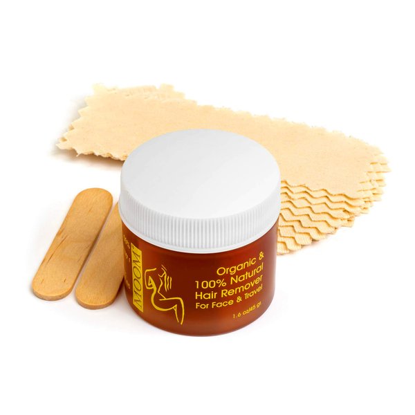 MOOM - Facial Sugaring Wax Travel Kit, Hair Removal for Chin, Eyebrows & Upper Lip - Made with Aloe Vera & Tea Tree Oil - Includes 1.6oz Jar, 6 Reusable Fabric Strips & 2 Wax Applicator Sticks