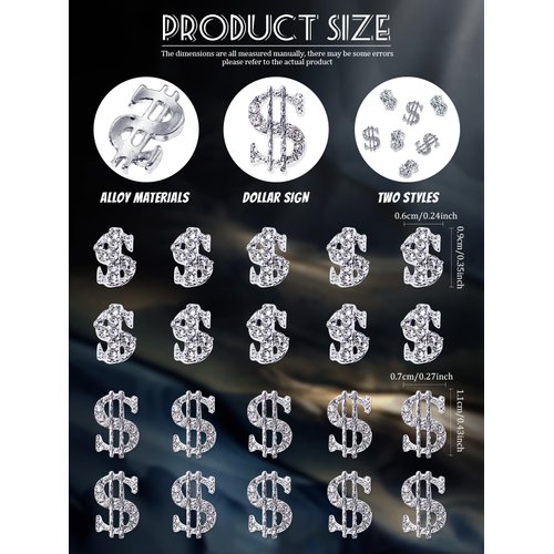 20Pcs Alloy Money Dollar Nail Charms, CYHYII 3D Silver Dollar Rhinestones Nail Art Charms Shiny Luxury Money Sign Design Crystal Nail Decorations for Women Girls Nail Art Design Craft Jewelry DIY